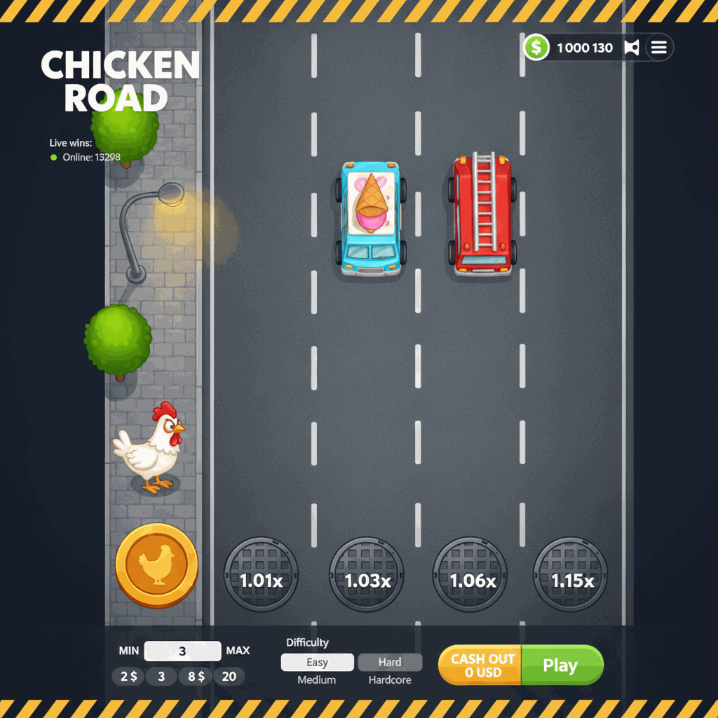 Chicken Road Crash-Spiel von InOut: Ein weißes Cartoon-Huhn steht am Straßenrand einer mehrspurigen Autobahn mit grauen Fahrspuren und weißen Markierungen, bereitet sich vor, die Straße zu überqueren, während Multiplikatoren auf runden Kanaldeckeln in jeder Spur angezeigt werden und Autos als Hindernisse erscheinen